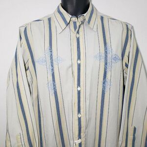 Guess Mens Striped Long Sleeve Shirt L Button Front Blue Yellow Embroidered
